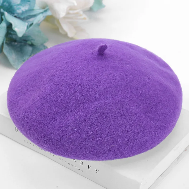Light purple Шерстяной берет головной убор художника французский стиль шляпа Повседневная однотонная Весенняя зимняя женская шапка Регулируемая 14 цветов - Цвет: Light purple