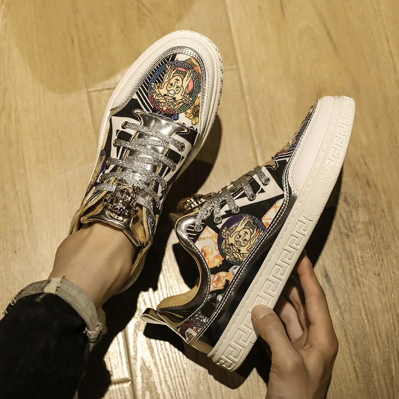 

Men's Gold Shiny Shoes Classic Print Luxury Shoes Low Flat Designer Sneakers Men Leather Party Men's Hip-hop Skateboarding Shoes