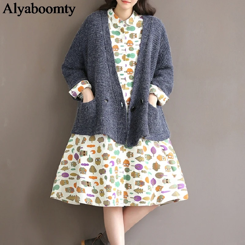 

Japanese Mori Girl Autumn Spring Women Shirt Dress Turn-Down Collar Anime Printed Cute Loose Dress Kawaii Cotton Linen Dresses