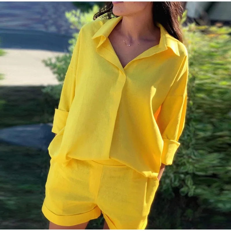 

Summer Women Shirts 2 Piece Set Casual Solid Lapel Long-sleeved Blouses And Shorts Suits Female Loose Streetwear Outfits Clothes