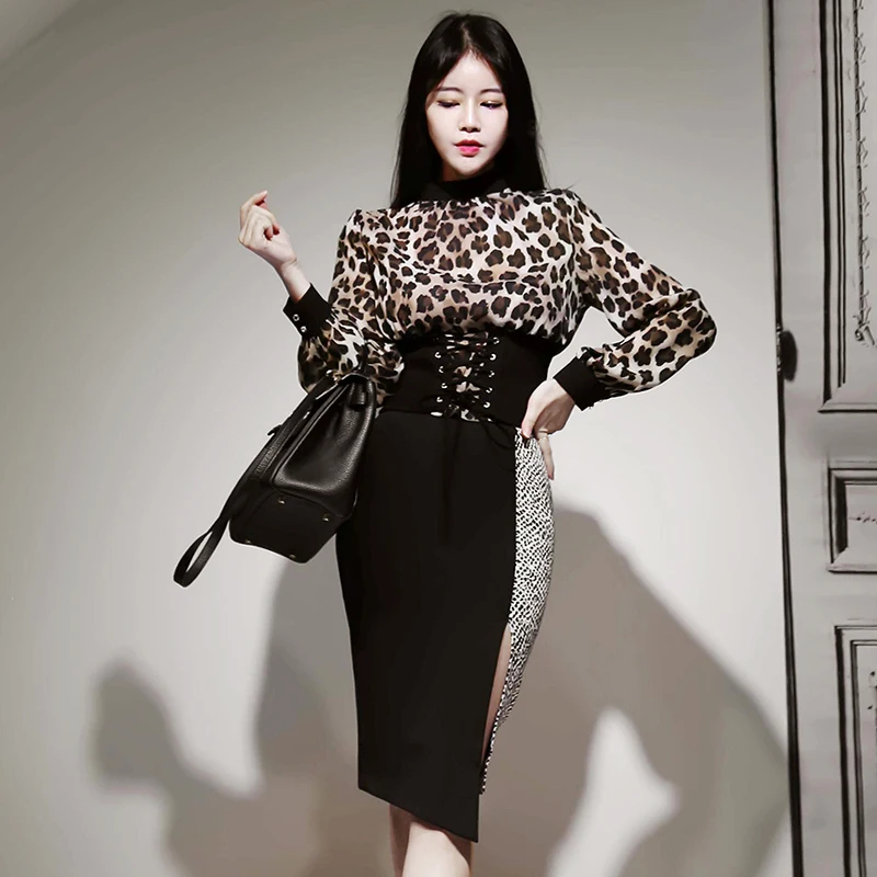

2020 Autumn New Fashion Women Two Pieces Set Elegant O-neck Leopard Top and Irregular patchwork Pencil Skirt Korean Skirt Suit
