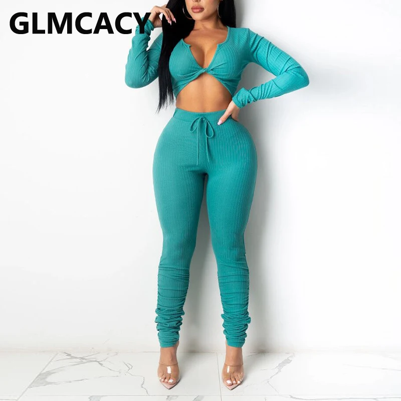 

Women Solid Two Piece Ribbed Suits Long Sleeve Twist Crop Top and Skinny Pants Set