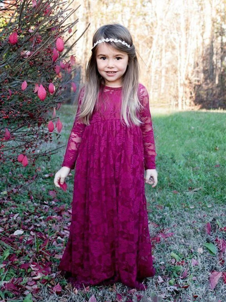 

2020 Grape Purple Lace Little Miss Pageant Dress Birthday Party Flower Girl Dress for Wedding Long Sleeve Floor Length A Line