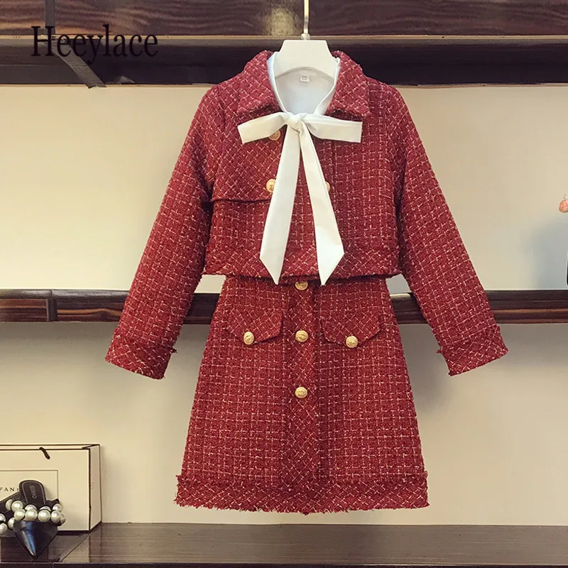

Plus Size Women Small Fragrance Vuntage Tweed Two Pieces Set 4XL Woolen Jacket +Long Sleeve Blouse +Mini Skirt Sets For Women
