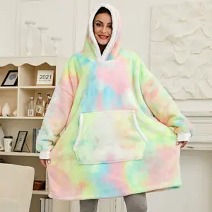 Зимняя толстовка с капюшоном большого размера с рукавами, флисовая толстовка, клетчатый капюшон, Женский карман с капюшоном, мягкое одеяло оверсайз