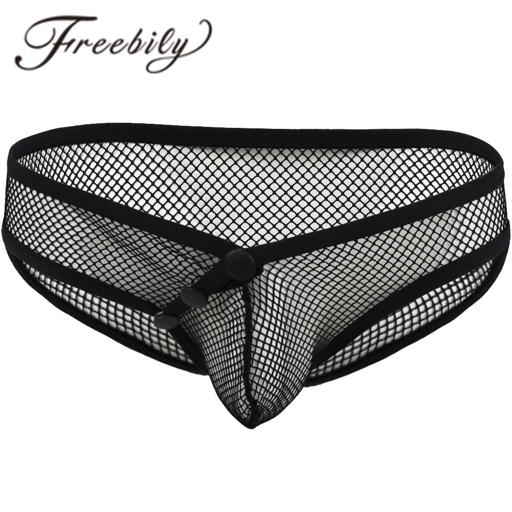 

Эротическое мужское нижнее белье для геев, сексуальное Сетчатое нижнее белье с мешочком, на кнопках, ажурные трусы-бикини, нижнее белье для ...