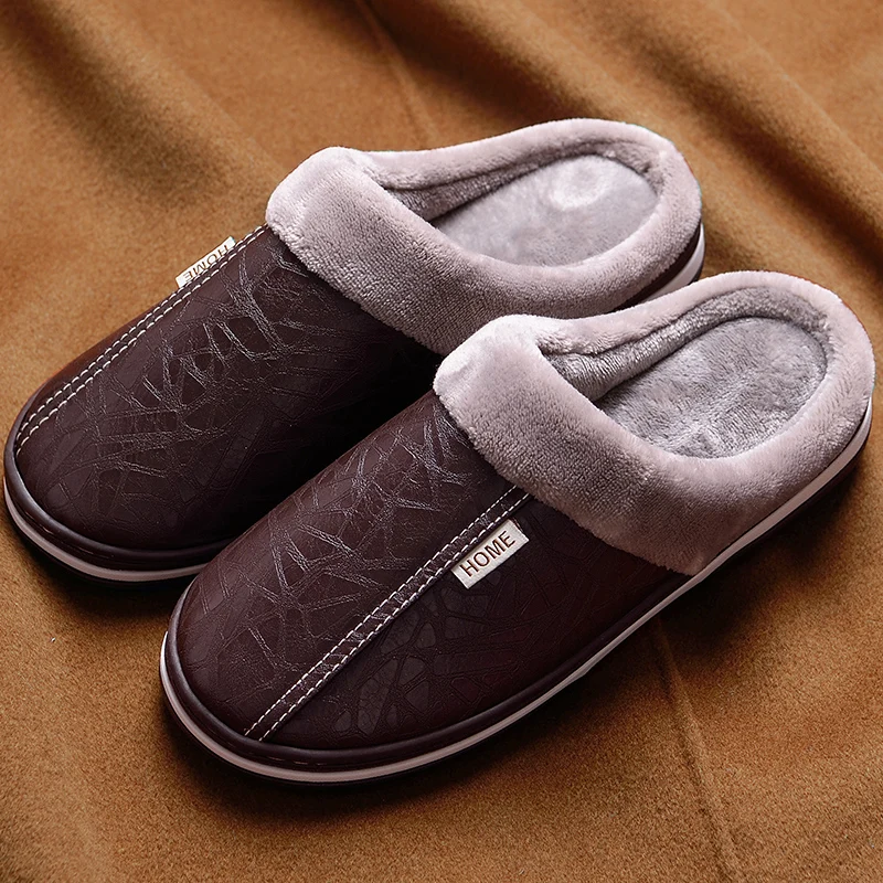 

Memory foam Slippers for men Big size 45-49 Warm Non-slip Winter Leather House Slippers men High quality Indoors shoes