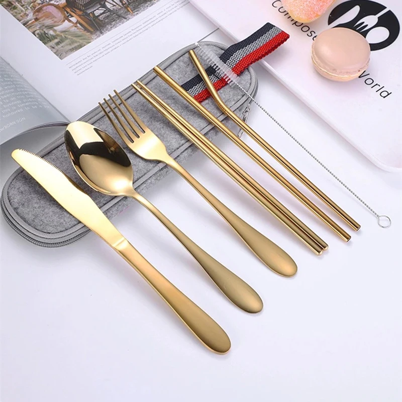 

Portable Lunch Tableware Cutlery Set Stainless Steel Spoon Fork Travel Outdoor Knife Tableware Dining Canteen Dinnerware Sets