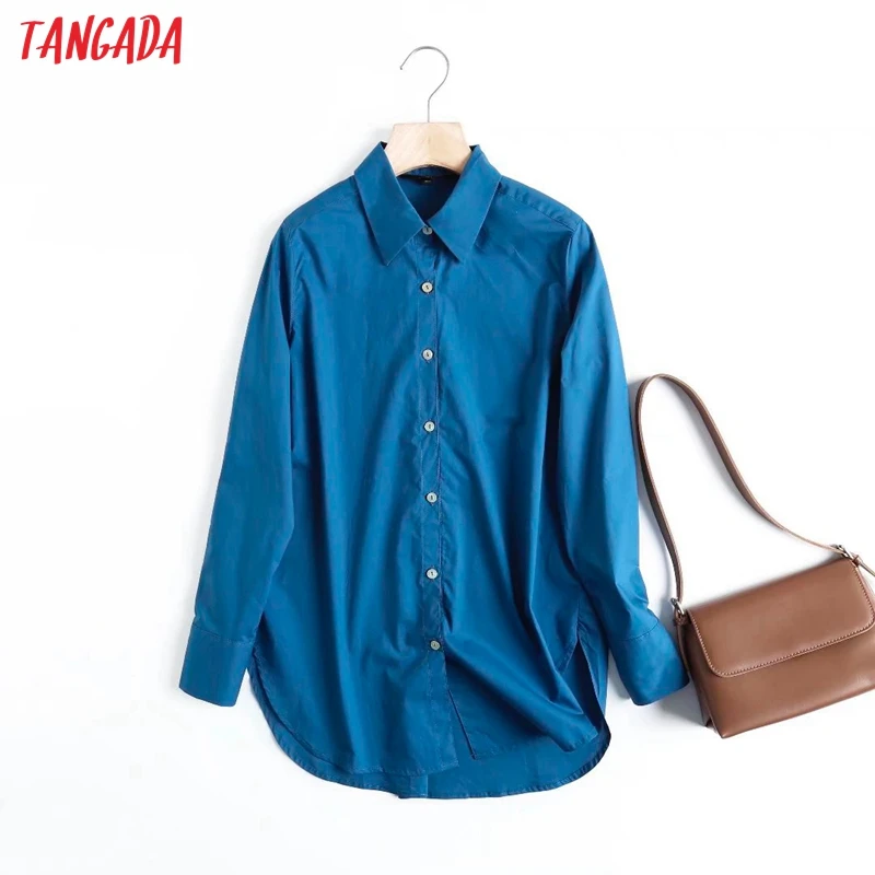 

Tangada 2022 Spring Women High Quality Blue Cotton Blouse Long Sleeve Chic Female Office Lady Shirt Blusas Femininas 4C234