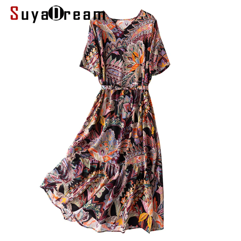 

SuyaDream Woman Printed Dress 100%Silk Crepe A line Sashes Mid Dresses 2021 Spring Summer Ruffles Dresses