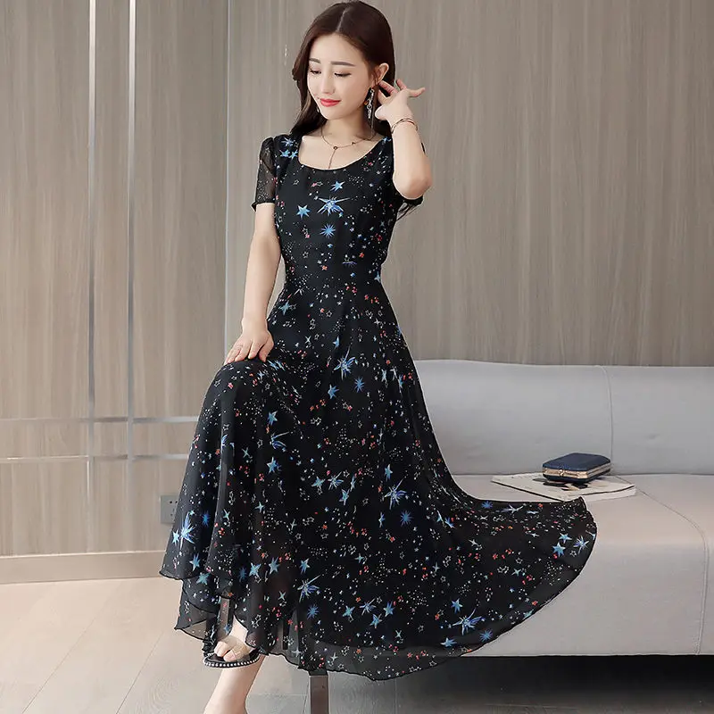 Летняя мода Цветочный принт шифоновое платье женские большие размеры элегантный