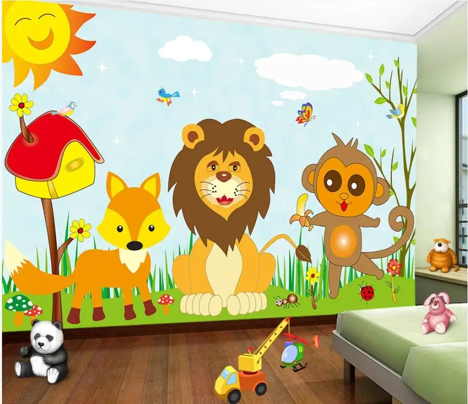 

WDBH 3d wallpaper custom photo Cartoon prairie lion monkey fox children room background home decor wallpaper for walls 3 d