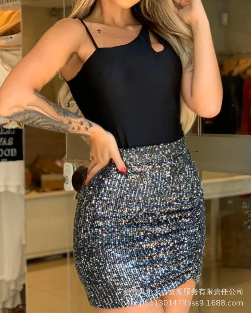 

2021 New Hollow Top + Sequin Skirt Suit Ladies Slim Sexy Skirt Suit