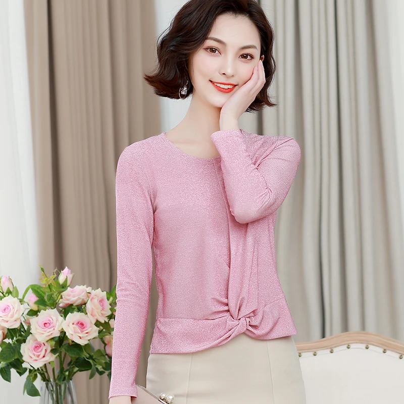 Мода люрекс блузка женские рубашки с длинным рукавом в Корейском стиле блестящие