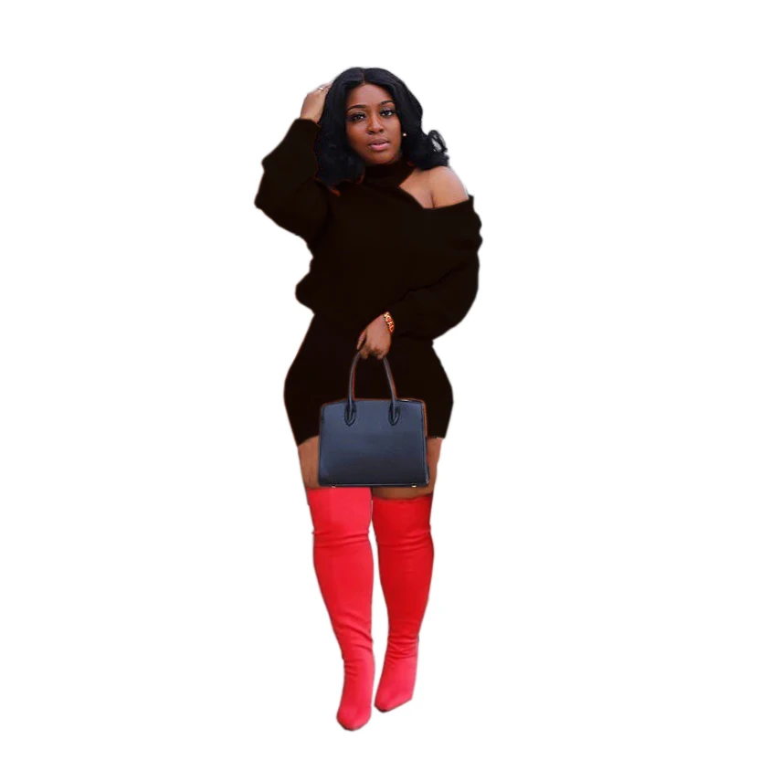 Женское зимнее мини-платье с лямкой на шее длинным рукавом перекрестной спиной