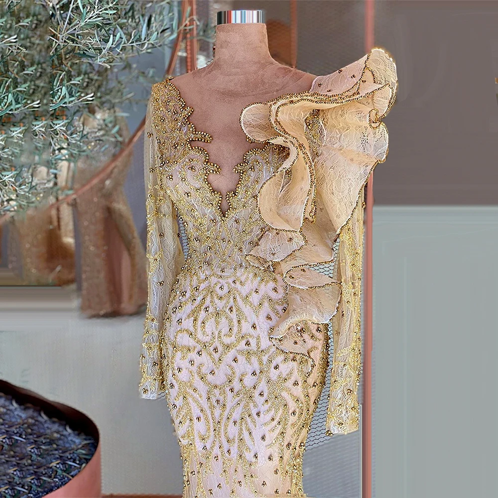 

2021 Straight Scalloped Neckline Beaded Evening Gowns Long Sleeve Birthday Ceremony Engagement Dresses For Women Party FOE32712