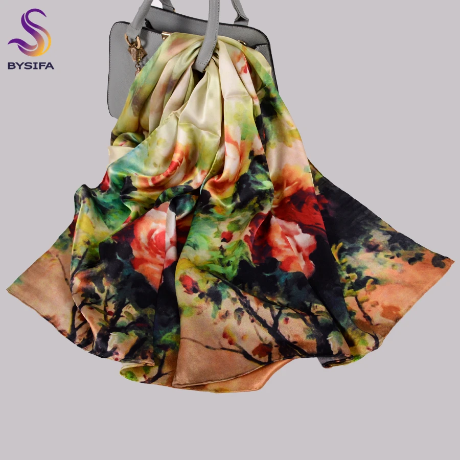 

[BYSIFA] New Pure Silk Scarf Shawl Women Chinese Green Pink Peony Long Scarves Wraps Winter Hijabs Luxury Female Neck Scarf Cape