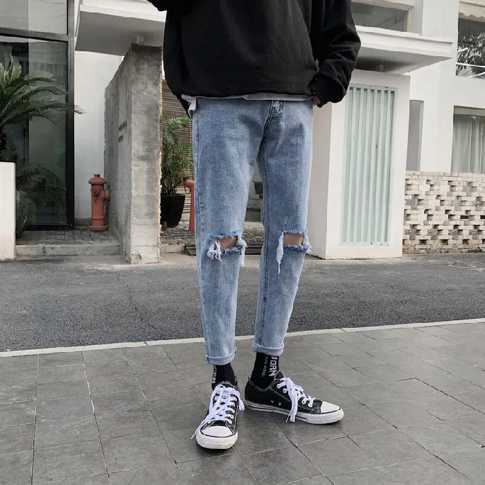 

Streetwear Pencil Ripped Hight Waist 2020 Autumn Winter Stretch Pants Woman Skinny Denim Jeans For Ladies light Blue