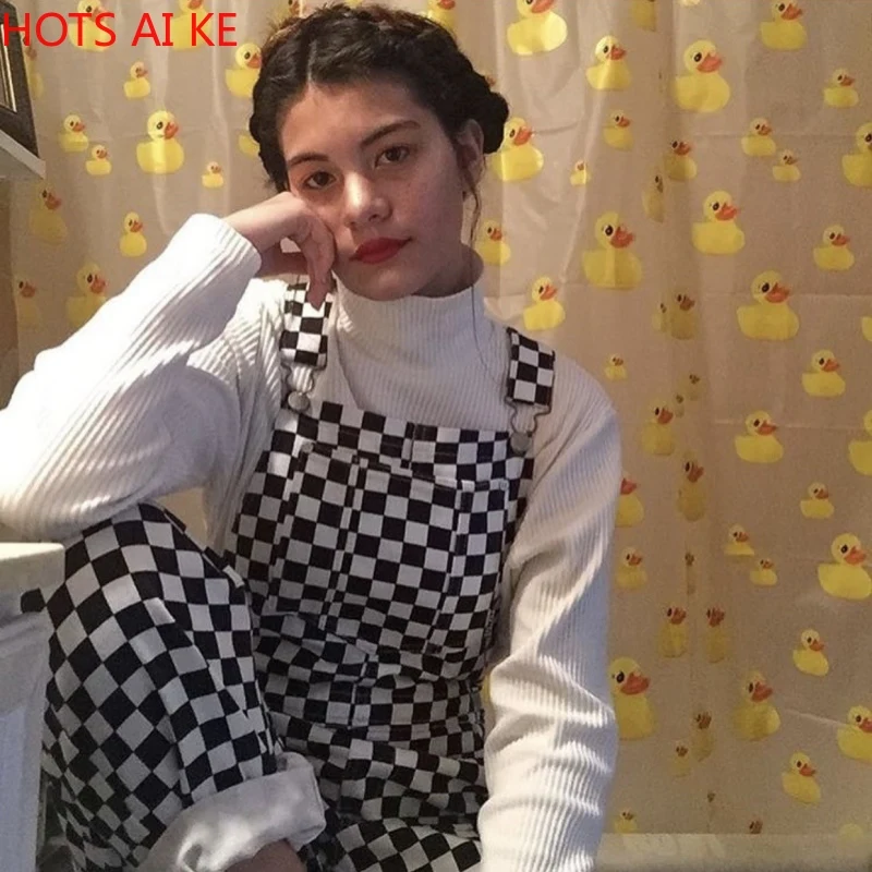 

Women's Suspender Trousers Black and White Checkerboard Plaid Loose Casual Pants Street Wind Harajuku