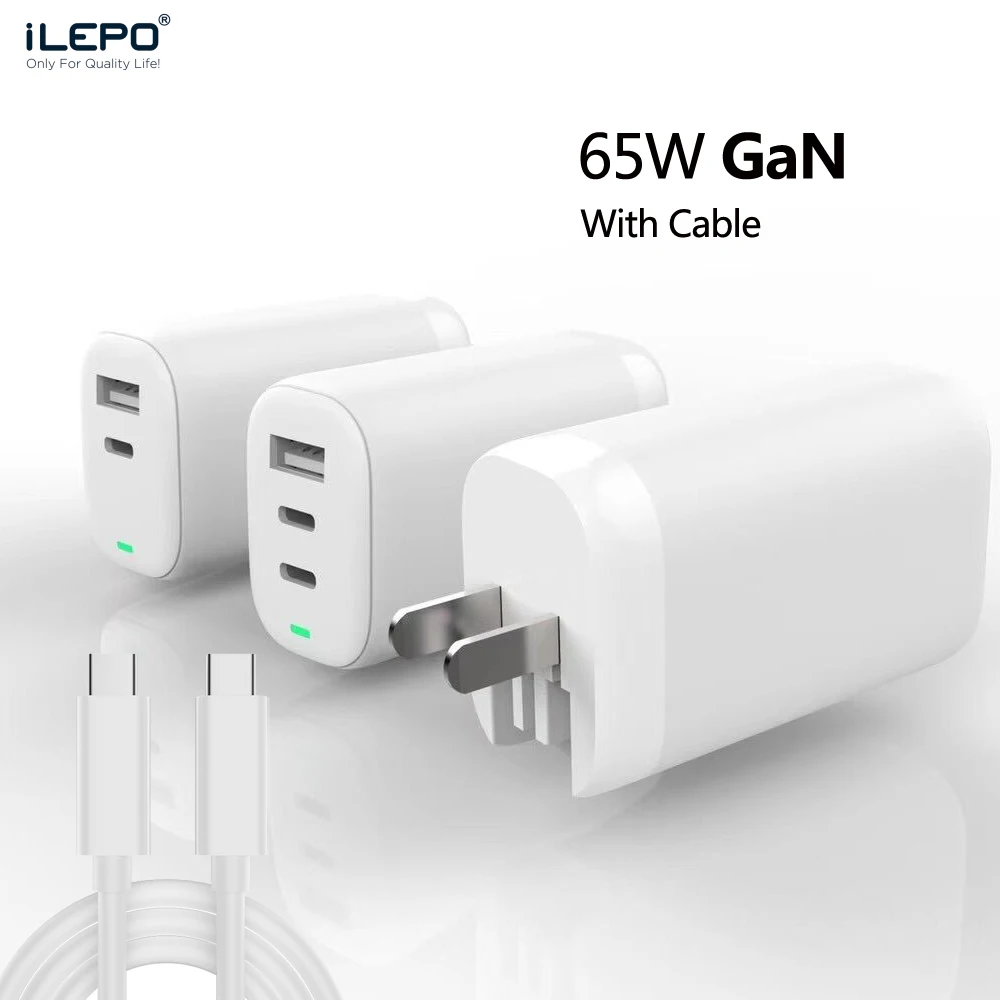 

ILEPO 3 Ports 65W GaN USB C Charger For iPhone 12 Pro iPad Xiaomi Laptop With 100W Cable Quick Charge QC 4.0 Fast Charger PD 3.0