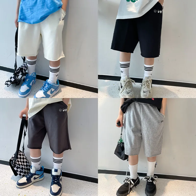 

Kids Shorts Smiley Printed Elastic Boys Waist Sweat Pants High Waist Shorts Girls Pockets Short Pants Summer Joggers Shorts