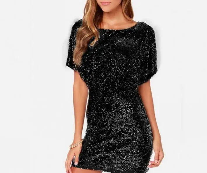 

Temperament Goddess Sexy Back Openwork Sequin Dress Split Step Skirt O Collar Short Sleeve Tight Dress Club Dress Party Dress