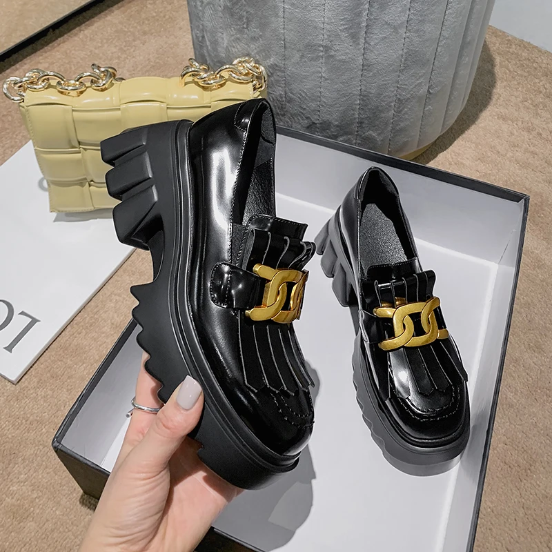 

New Autumn Genuine Leather Women High Heels Shoes Round Toe Genuine Leather Pumps Women Wedge Platform Shoes