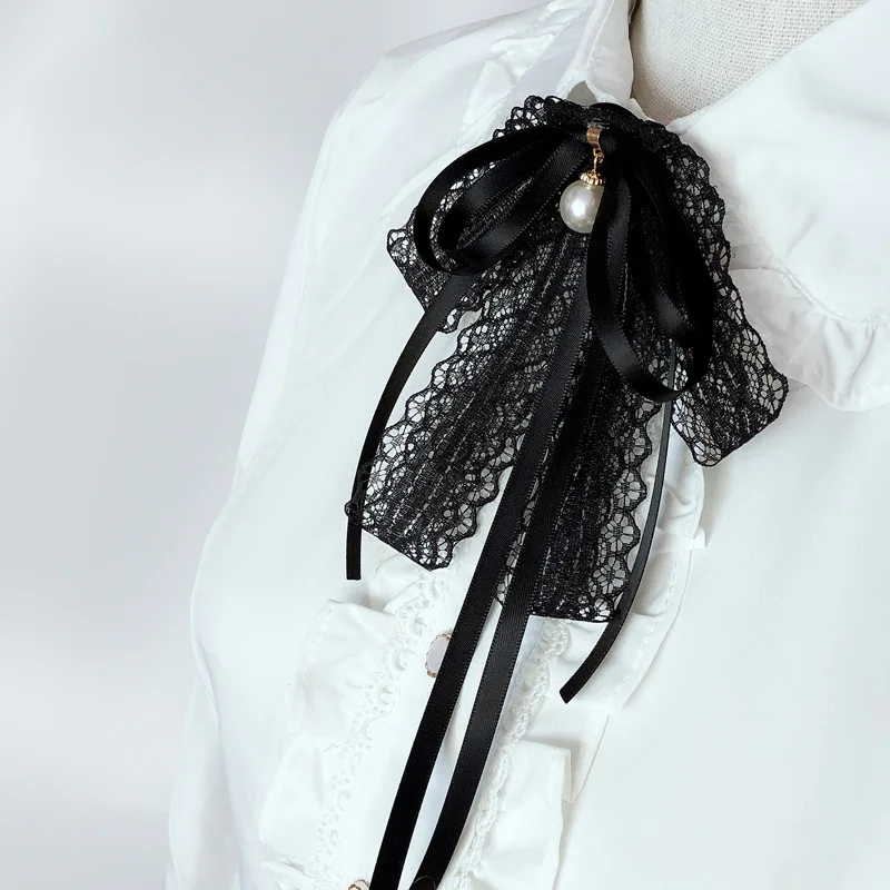 Women's Formal Dress White Shirt Collar Flower with Lace Ribbon Pearl Black Bow Tie - Bowtie Brooch Necktie Perfect Ladies Accessories image 2