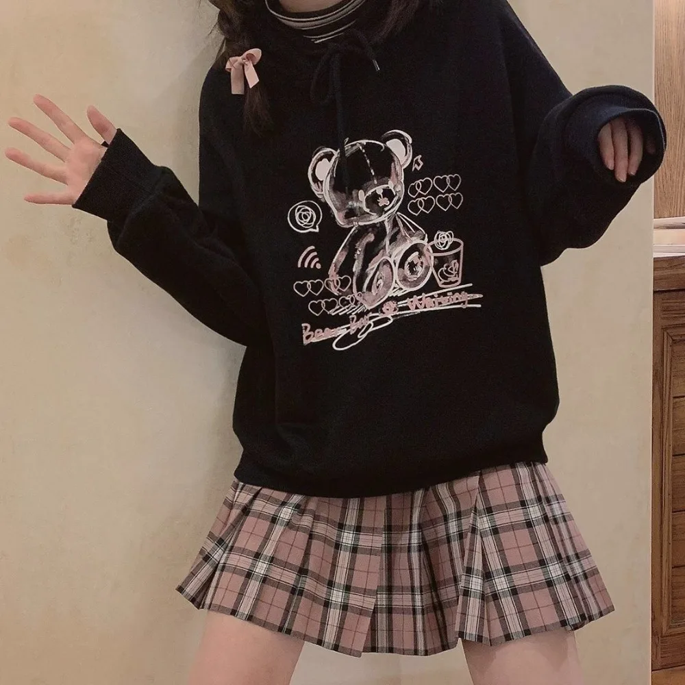 

New Korean Style Female Ulzzang Bear Hooded Sweatshirt Loose Hip-Hop Streetwear Jacket Retro Punk Casual Harajuku Sweater