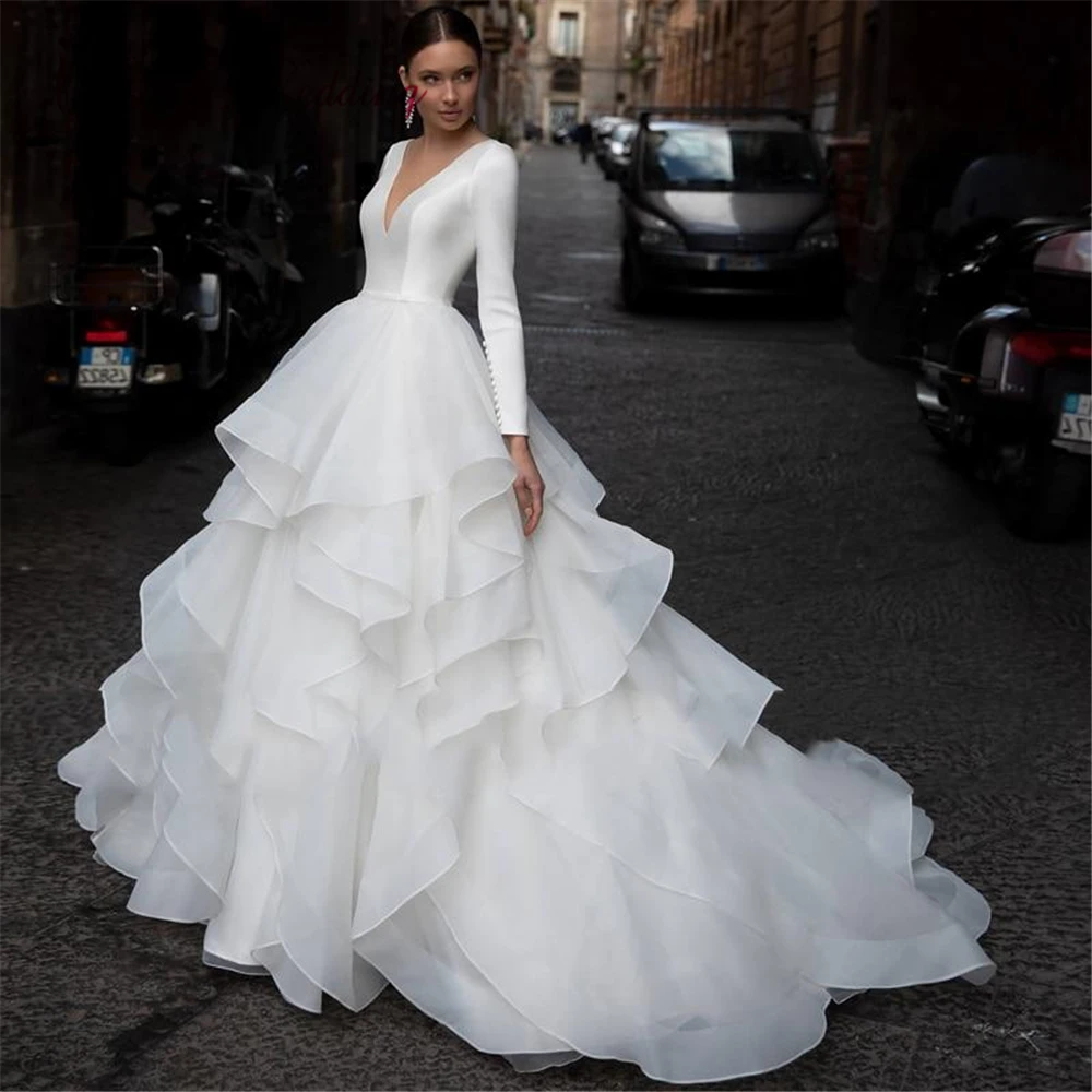 

Romantic V-Neck Long Sleeves Simple Wedding Dress White Organza Court Train Illusion Back Button Ruffles Tiered Bridal Gown 2021