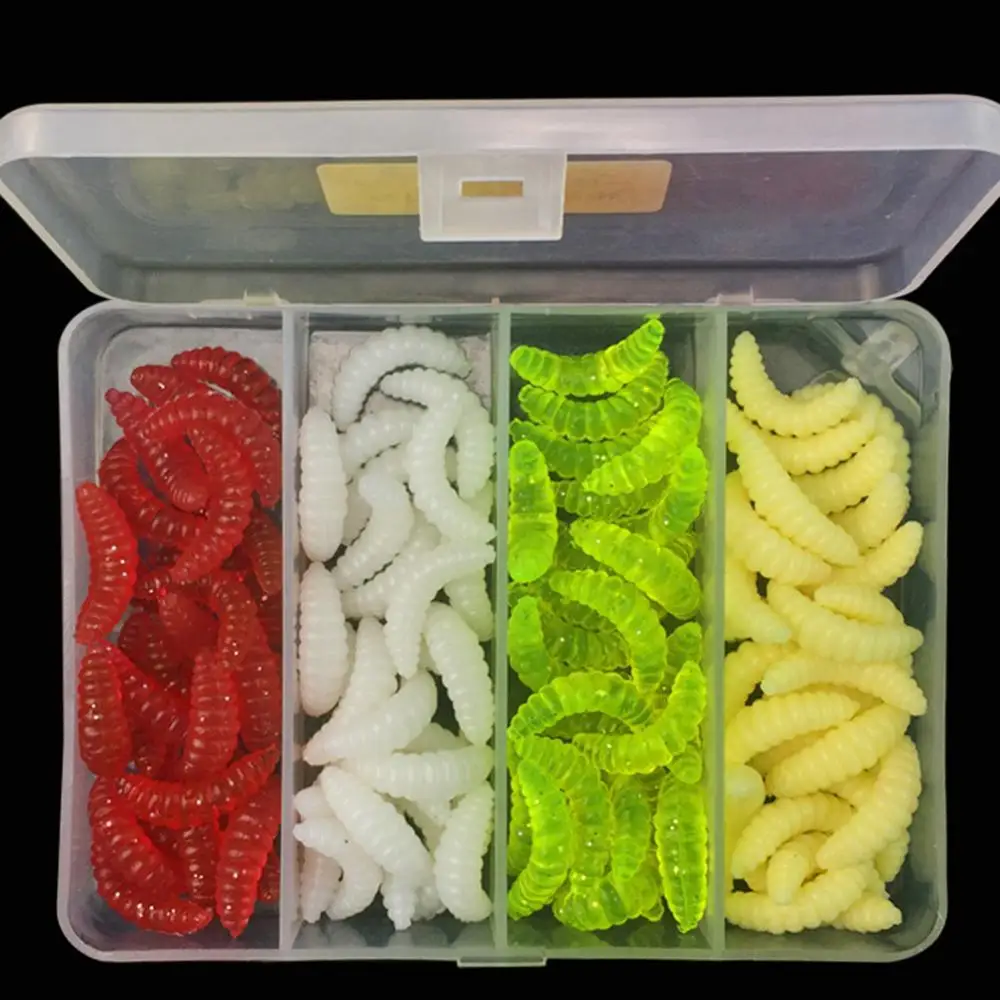 

100Pcs Promotion 4 Colors Maggot Grub Soft Fishing Lure Hooks Smell Worms Glow Shrimps Fish Lures Worm Silicone Soft Bait Tool