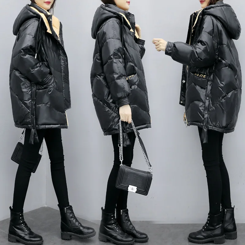 

Bright Surface down Jacket Women's 2020 New White Duck down Mid-Length Fashion Korean-Style Loose Casual Winter Women's Jacket