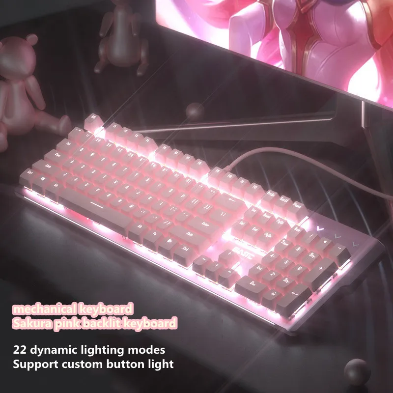 Игровая Механическая Проводная клавиатура Girly Pink USB интерфейс с 104 клавишами
