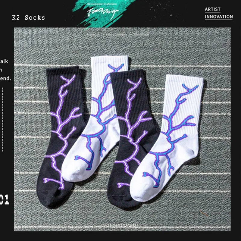 

Black Lightning Sockings Cotton Purple Obsidian Harajuku Skateboard Hip Hop Funny Happy Fashion Dropshipping Men and Women Socks