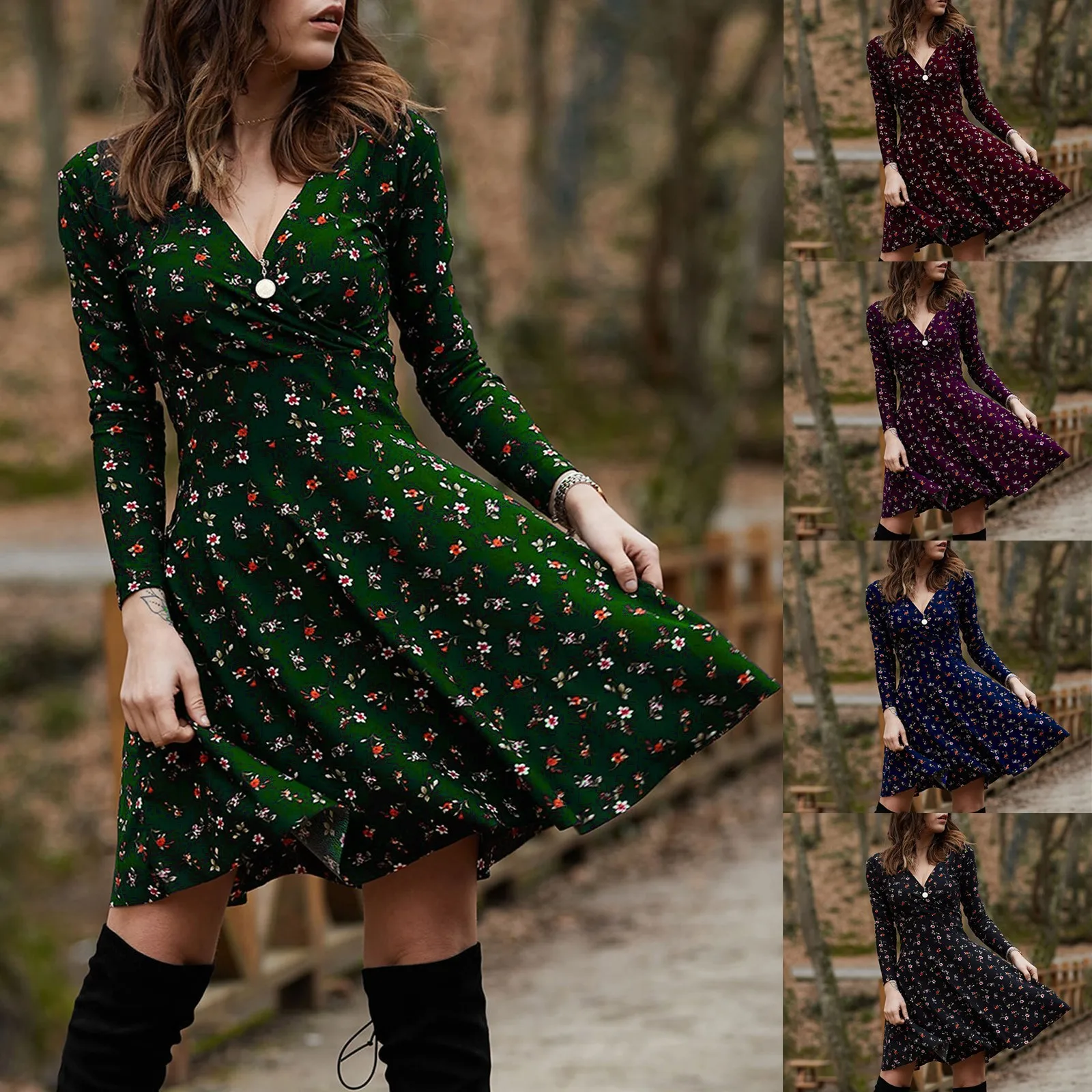 

Women Sexy V Neck Manches Long Sleeve Robe Female Retro Elegant Party Culb Dress Floral Print Polka Dot Sweet Style Dresses