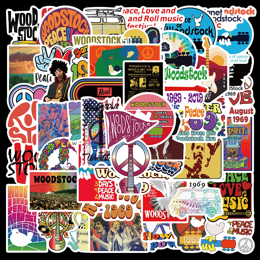 

10/50PCS 1969 Woodstock Rock Music Festival Sticker For Popular Singers Laptop Luggage Car Skateboard Phone Wall Stickers Decal