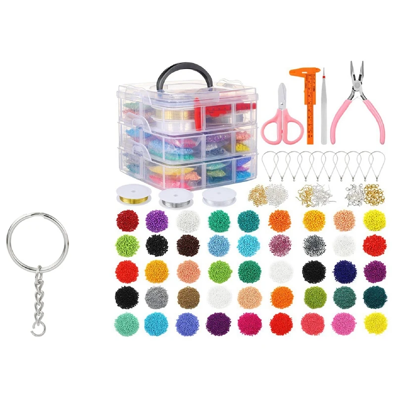

100Pcs 1 Inch/25mm Metal Split Key Ring with Chain & 27009 Pieces Glass Seed Beads Kit, Multiple Sizes Craft Seed Beads