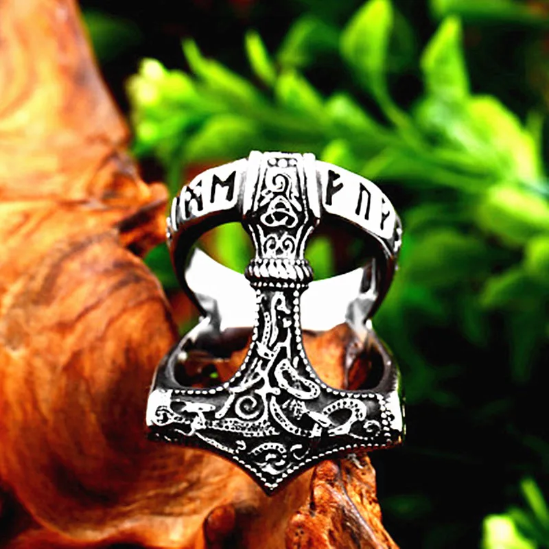 

Vintage Stainless Steel Ring For Man Norse Viking Nordic Myth Thor Hammer Mjolnir Wholesale Men Letter Rings Amulet Jewelry Gift