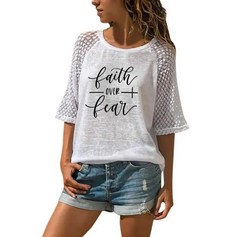 

2021 T-Shirt For Women Lace Crew Neck 3/4 Sleeve T-Shirt Faith Over Fear Letters Print T-Shirt Summer Female Tops Shirt