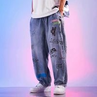 american high street letter printed jeans mens spring and autumn hiphop pants straight blue baggy jeans graffiti jeans men