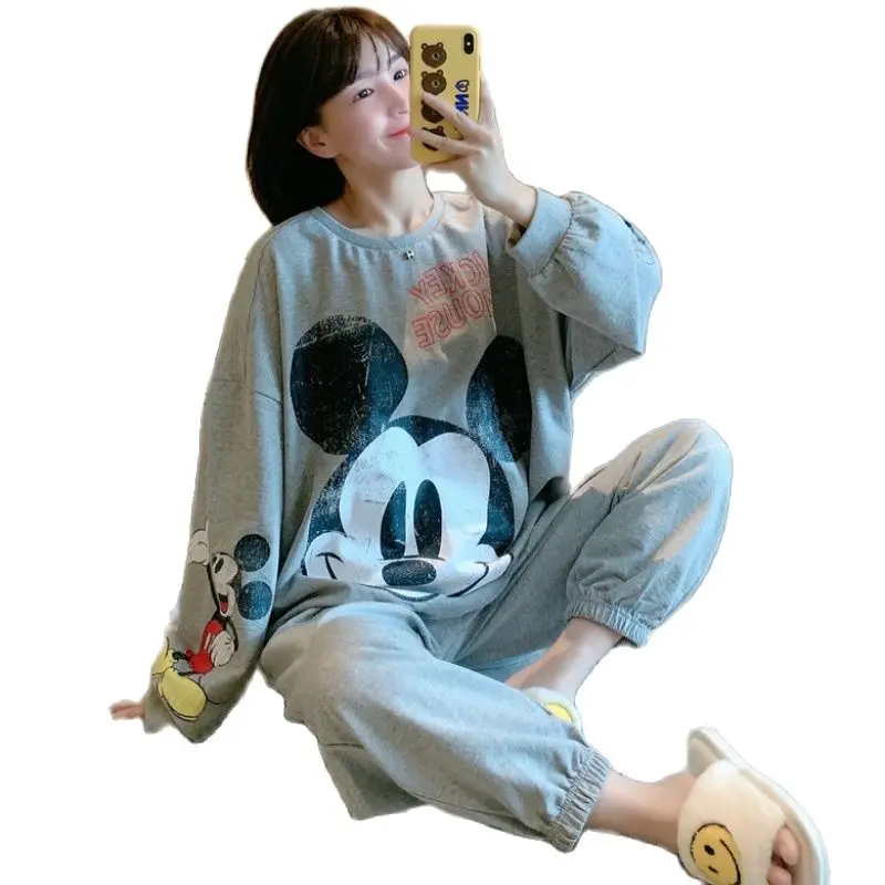 Disney Mickey Mouse Cute Kawaii Pajama Sets Autumn Spring Women Crewneck Long Sleeve Loose Christmas Pajamas Ladies Sleepwear