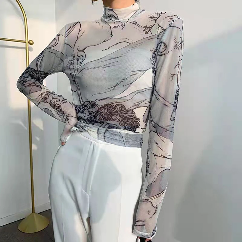 

Y2K Turtleneck Mesh Blouse Women Renaissance Print Long Sleeve See Through Top Ladies Sheer Designer Top Clothing