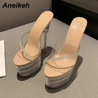 aneikeh summer fashion pvc modern slippers women shoes 2022 peep toe thin heels shallow sexy bling party rome polka dot classics