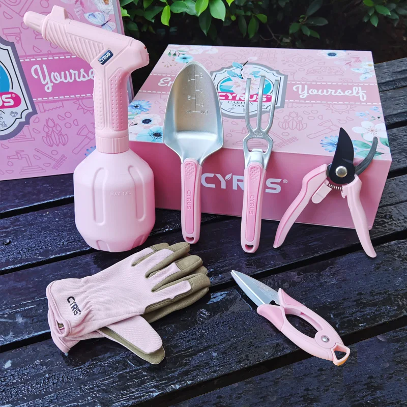 CYRUS Garden Tools Set Gardening Gloves Electric Sprayer 1L Trowel Shovel Hand 6Pcs Floral Pink Women Gift Bonsai Florist |