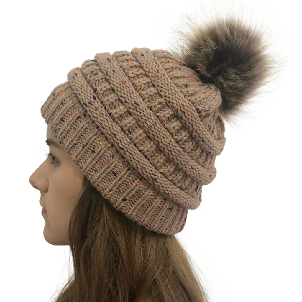 Зимняя женская шапка с меховыми помпонами повседневная меховая вязаным помпоном