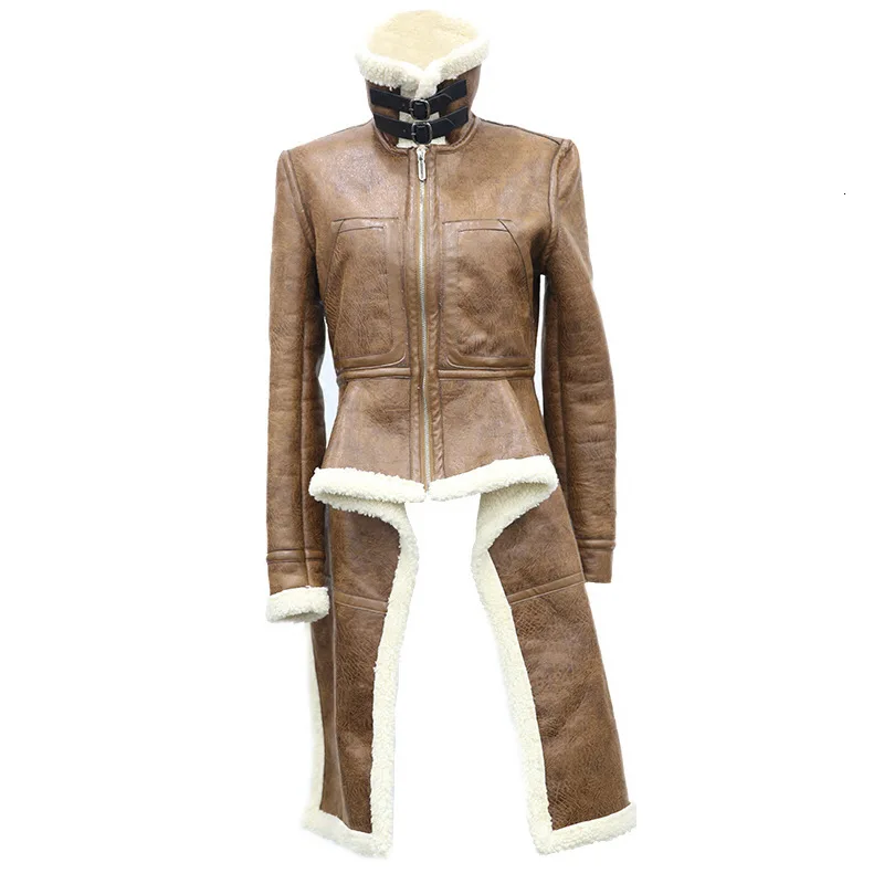 

New lamb suede patchwork women's cotton-padded clothes new collar irregular hem coat women