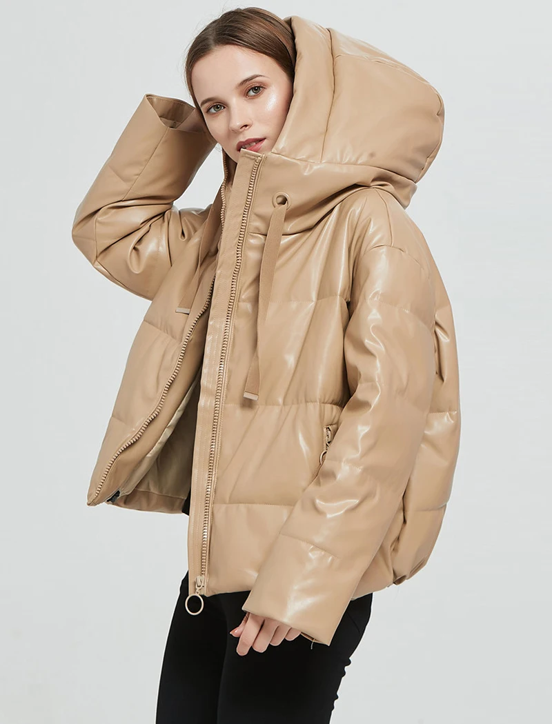 

Women Thick Warm PU Faux Leather Padded Coat 2020 Winter Zipper Hooded Jacket Parka Long Sleeve Pockets Outerwear Tops