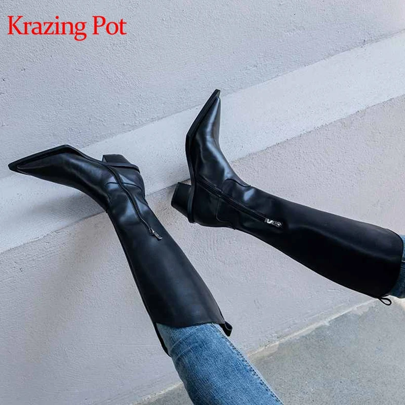 Krazing pot/зимняя натуральная кожа с высоким голенищем на молнии острым носком