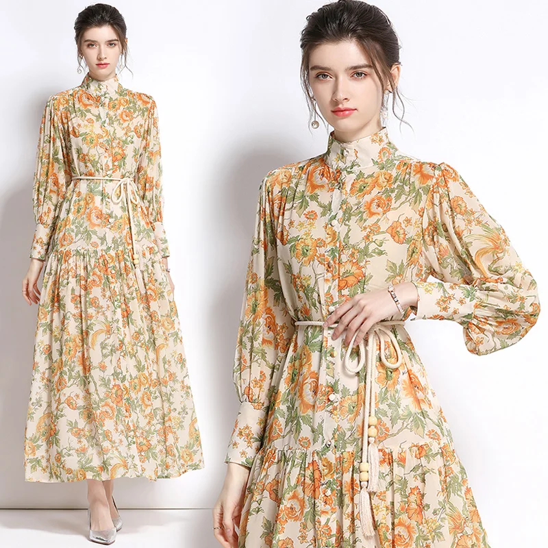 

Длинное платье с поясом и рукавами-фонариками, с принтом