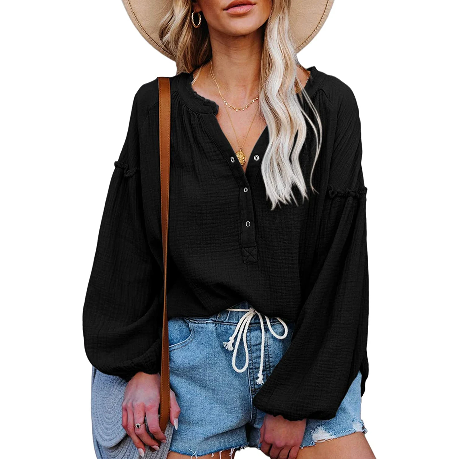 

Autumn Winter Women Casual Minimalist Solid Color Shirt Loose Lantern Sleeve V-neck Pullover